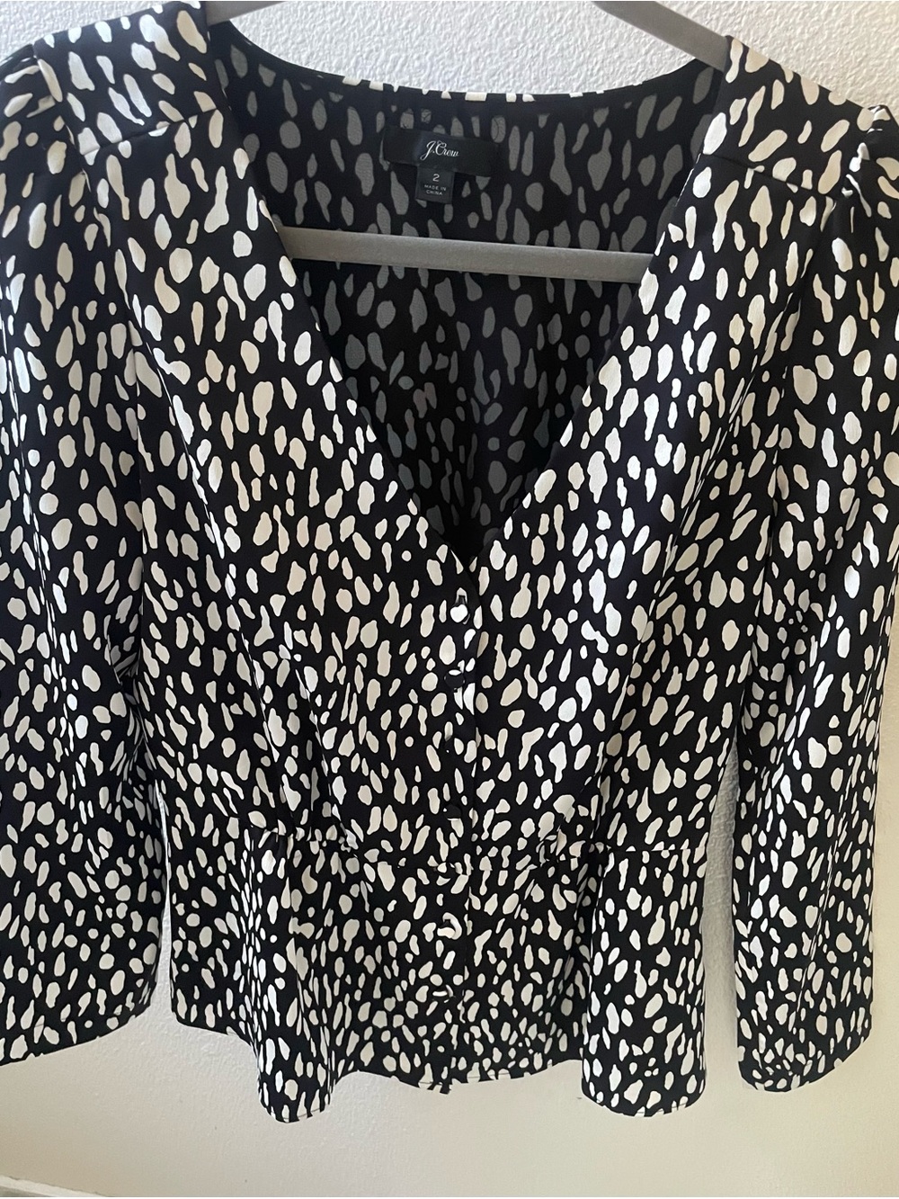 J. Crew Black and White Spot Print V-Neck Blouse